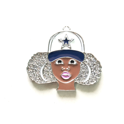 10pcs/lot 32.8*29.5mm CZ Paved Cowboys Black Girl Charms CZ Paved Charms Afro Girl/Queen Charms American Football Sports New Charms Arrivals Charms Beads Beyond