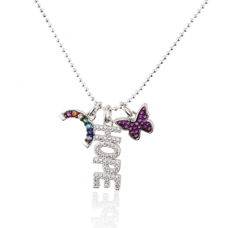 5pcs/lot CZ Paved Hope Rainbow Butterfly Necklace Multicolor on Silver Necklaces Charms Beads Beyond