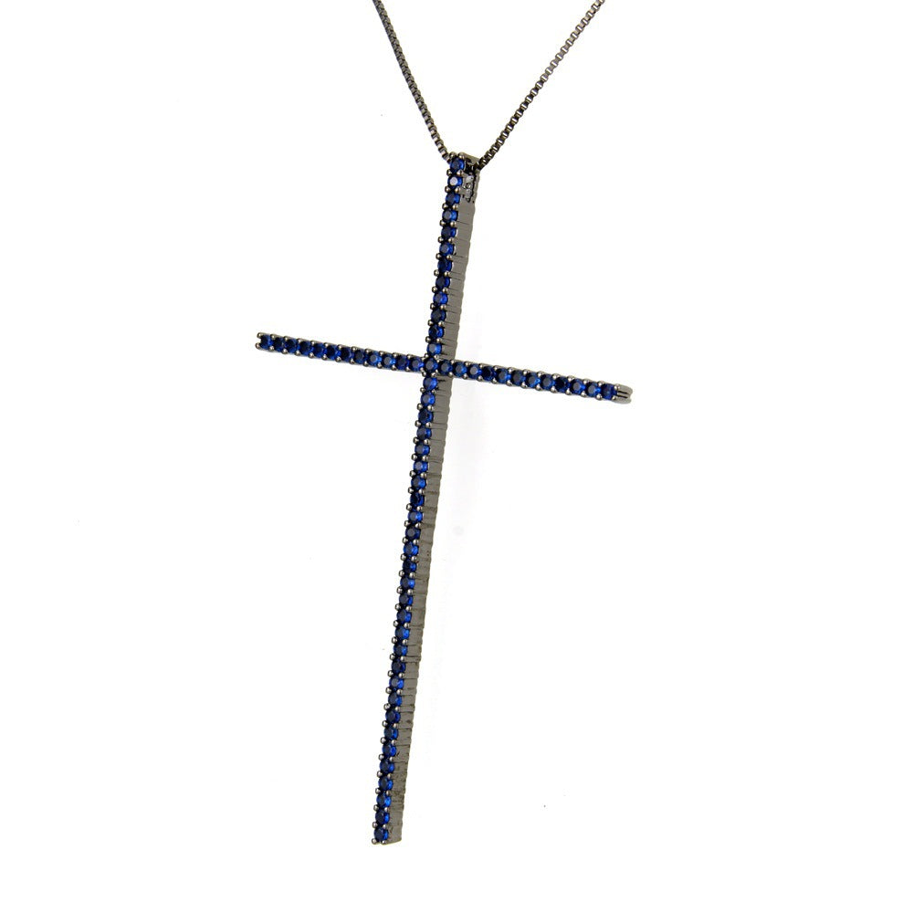 5pcs/lot CZ Paved Big Cross Necklace Blue on Black Necklaces Charms Beads Beyond