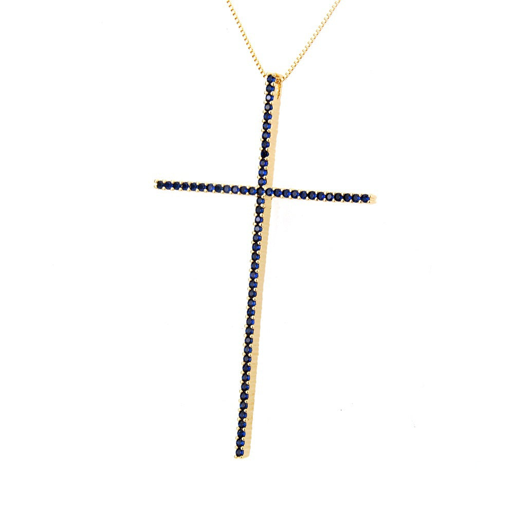 5pcs/lot CZ Paved Big Cross Necklace Blue on Gold Necklaces Charms Beads Beyond