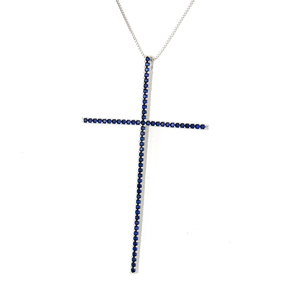 5pcs/lot CZ Paved Big Cross Necklace Blue on Silver Necklaces Charms Beads Beyond