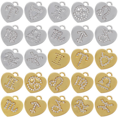 12pcs/lot 13*13mm CZ Paved Heart Zodiac Charms - Gold & Silver CZ Paved Charms Zodiac Charms Beads Beyond