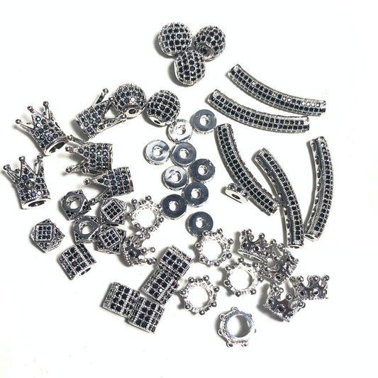 45pcs/lot Black CZ Paved Spacers Mix Set-Silver Black on Silver Set CZ Paved Spacers Mix Spacers Beads Set Charms Beads Beyond