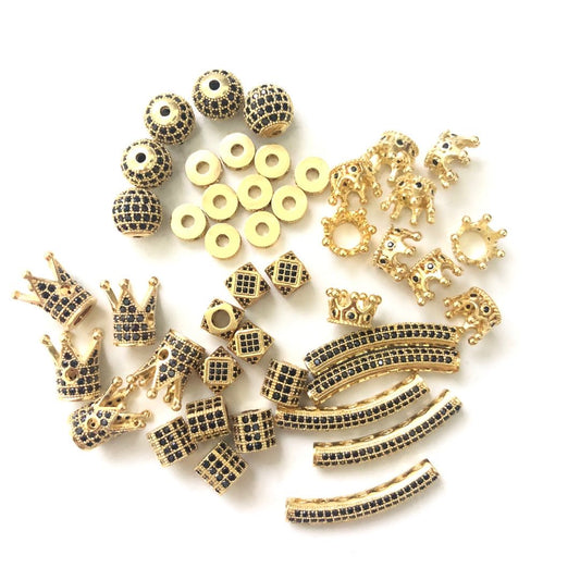 45pcs/lot Black CZ Paved Spacers Mix Set-Gold Black on Gold Set CZ Paved Spacers Mix Spacers Beads Set Charms Beads Beyond