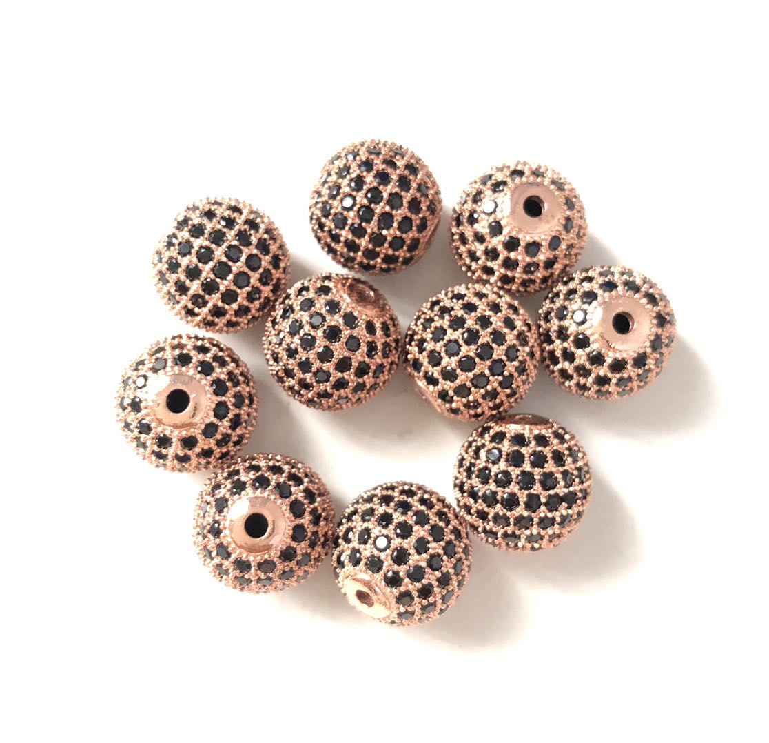 50pcs/lot 12mm Black CZ Paved Ball Spacers Rose Gold Wholesale 12mm Beads Charms Beads Beyond