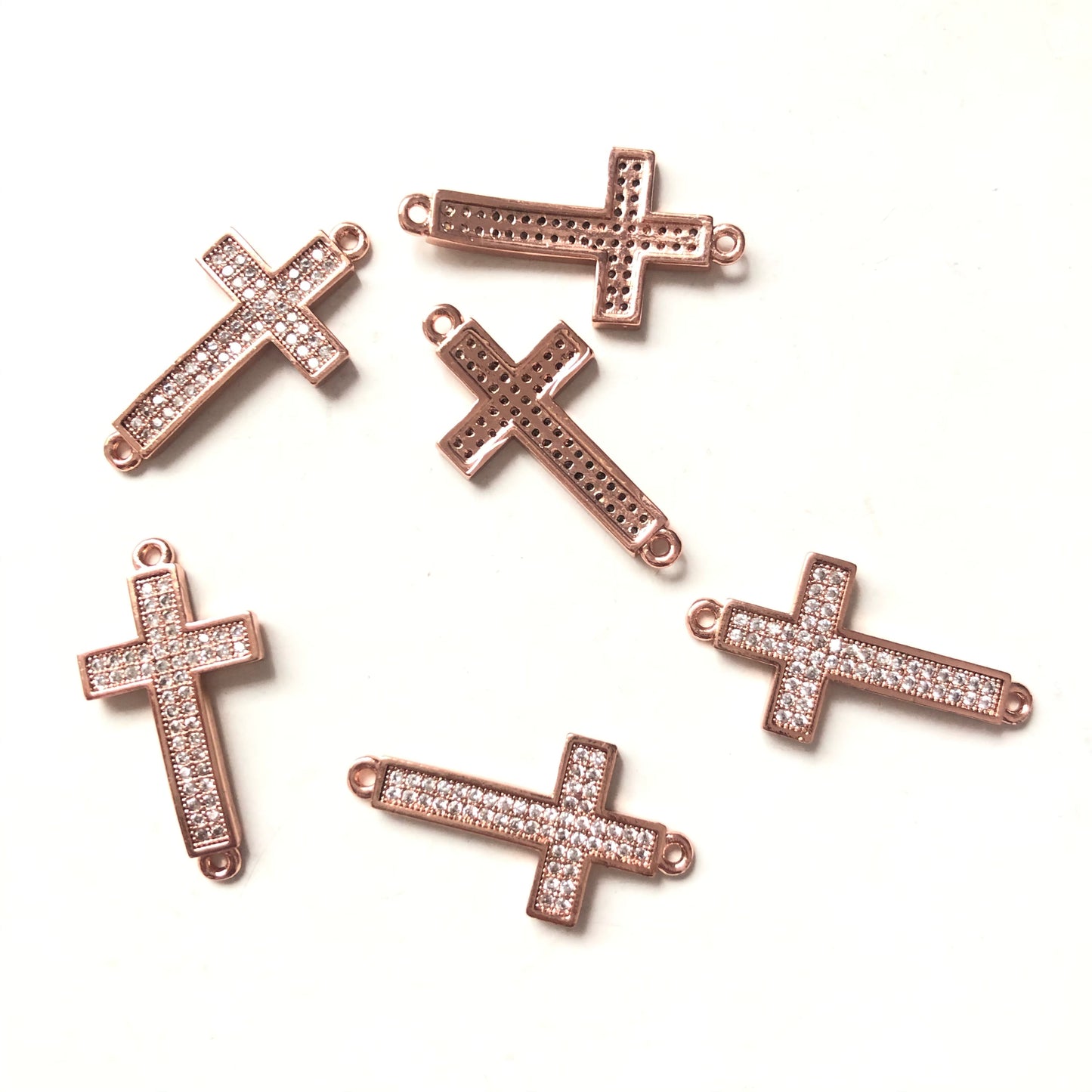 50pcs/lot 25 *13mm Clear CZ Paved Cross Connectors Rose Gold Wholesale Charms Beads Beyond