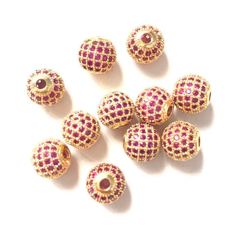 10pcs/lot 10mm Fuchsia CZ Paved Ball Spacers Gold CZ Paved Spacers 10mm Beads Ball Beads Colorful Zirconia Charms Beads Beyond