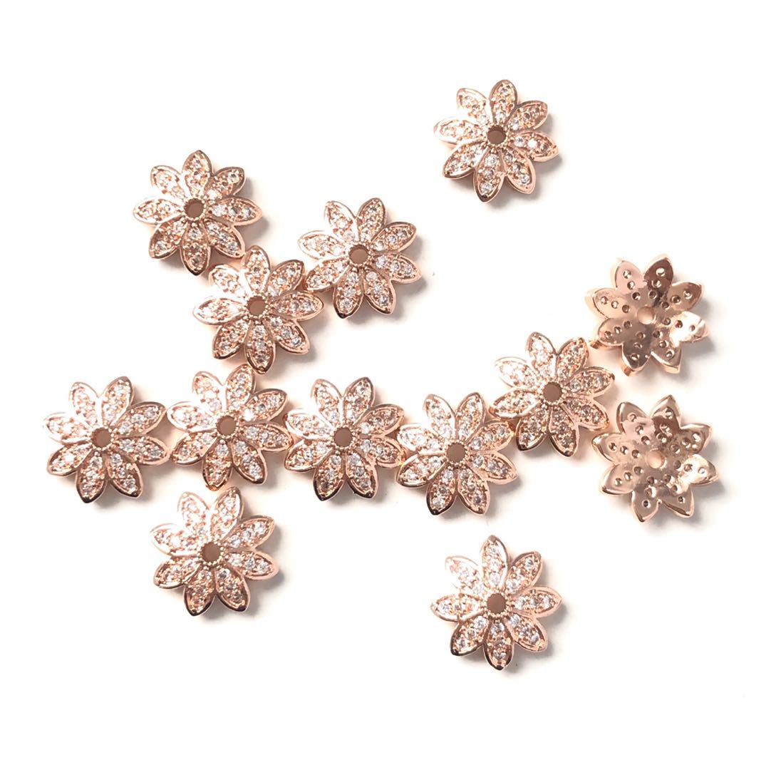 20pcs/lot 10.9mm CZ Paved Beads Caps Flower Spacers Rose Gold CZ Paved Spacers Beads Caps Charms Beads Beyond