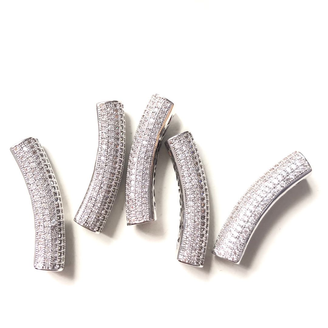 5-10pcs/lot 37.7*9mm CZ Paved Tube Bar Spacers Silver CZ Paved Spacers Tube Bar Centerpieces Charms Beads Beyond