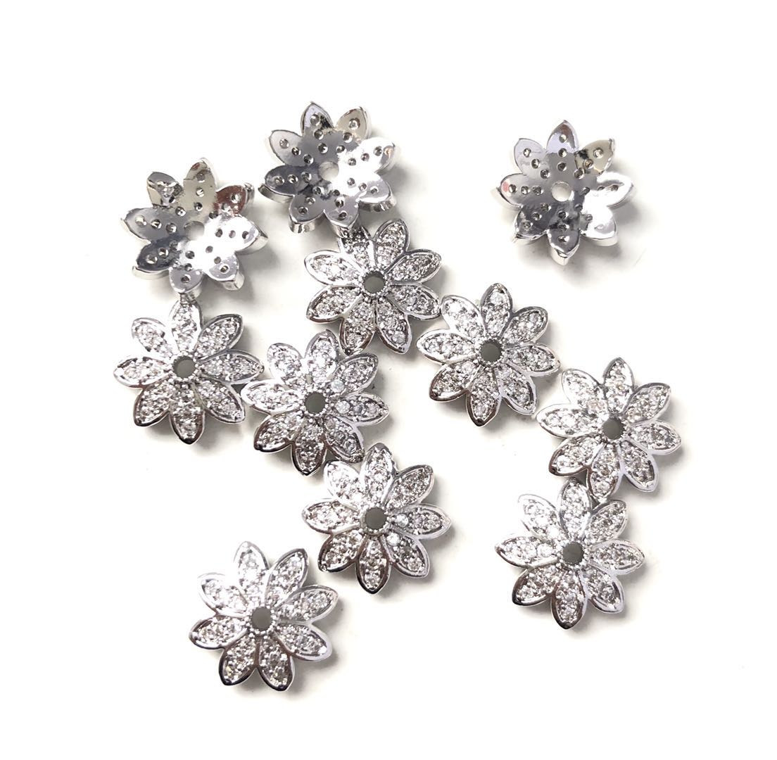 20pcs/lot 10.9mm CZ Paved Beads Caps Flower Spacers Silver CZ Paved Spacers Beads Caps Charms Beads Beyond