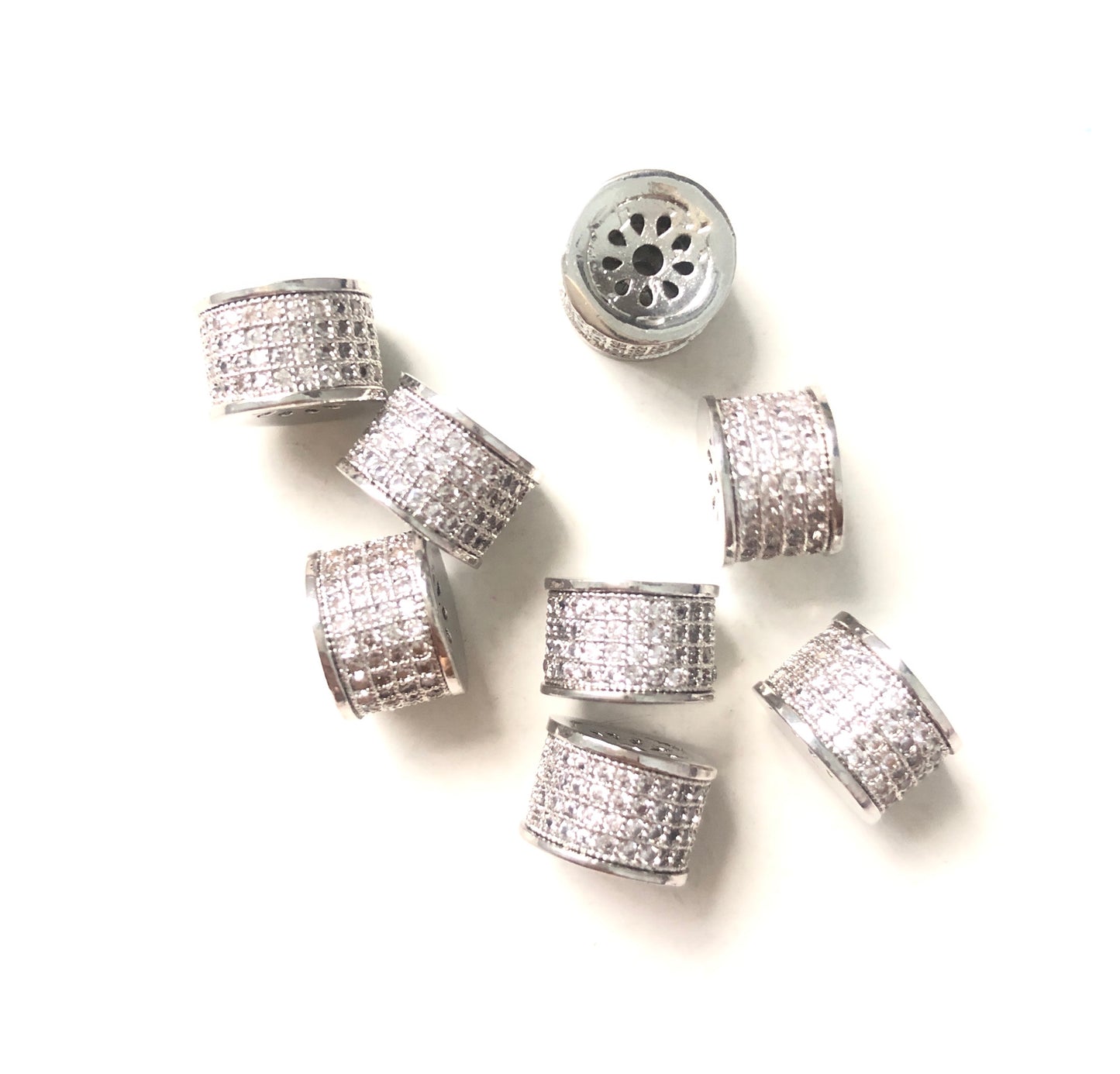 10pcs/lot 9.5*6.5mm CZ Paved Cylinder Rondelle Spacers Silver CZ Paved Spacers Rondelle Beads Charms Beads Beyond