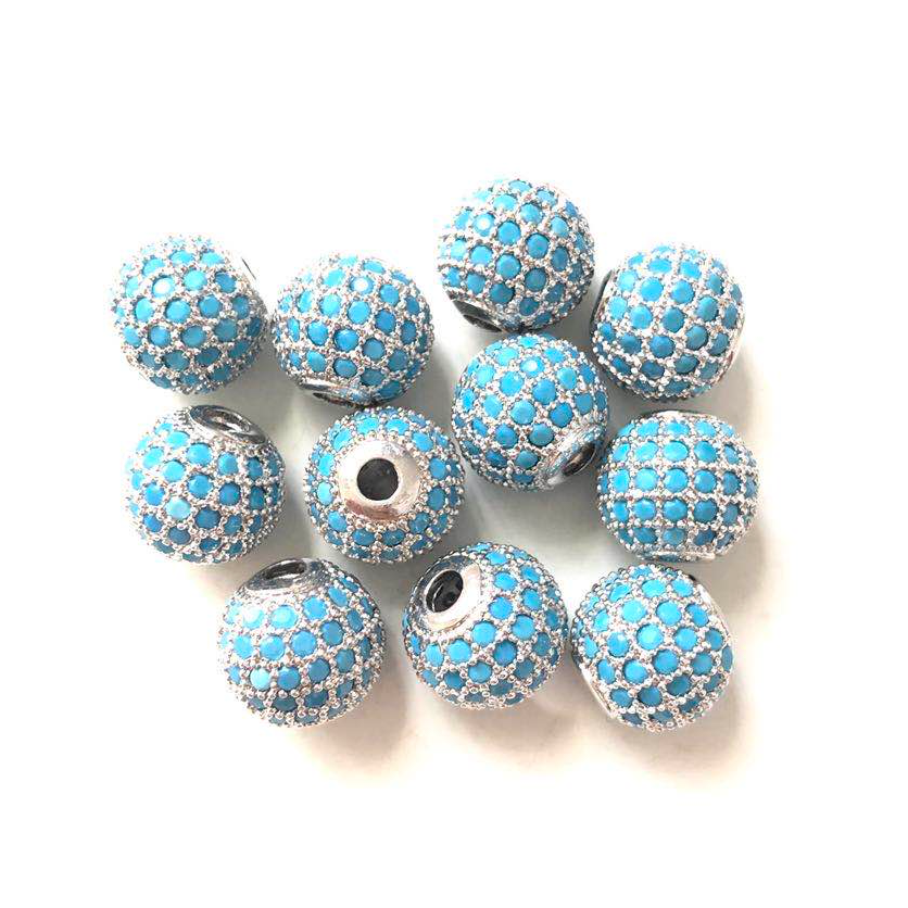 10pcs/lot 10mm Turquoise CZ Paved Ball Spacers Silver CZ Paved Spacers 10mm Beads Ball Beads Colorful Zirconia Charms Beads Beyond