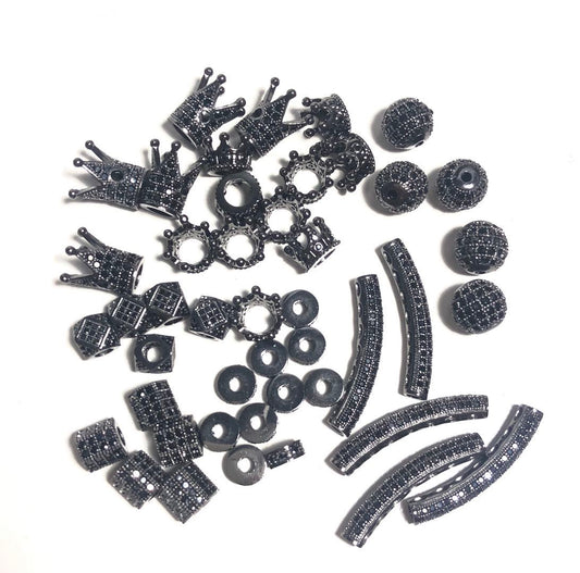45pcs/lot Black CZ Paved Spacers Mix Set-Black Black on Black Set CZ Paved Spacers Mix Spacers Beads Set Charms Beads Beyond