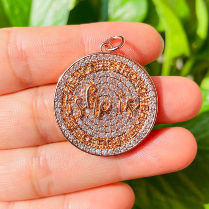 10pcs/lot 28mm CZ Pave Round Plate She Is Fierce Strong Brave Full OF FIRE Quote Charms Rose Gold CZ Paved Charms Discs On Sale Charms Beads Beyond