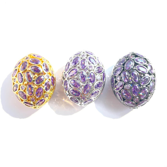 5pc 26.7*21mm Big Size Purple CZ Hollow Flat Oval Centerpiece CZ Egg Beads Spacers Mix Colors CZ Paved Spacers Egg Beads Charms Beads Beyond