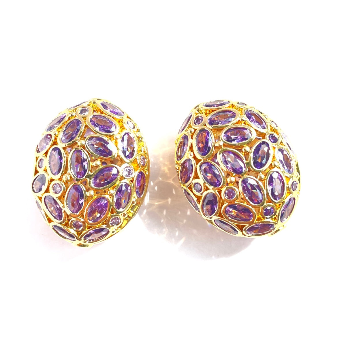 5pc 26.7*21mm Big Size Purple CZ Hollow Flat Oval Centerpiece CZ Egg Beads Spacers Purple on Gold CZ Paved Spacers Egg Beads Charms Beads Beyond