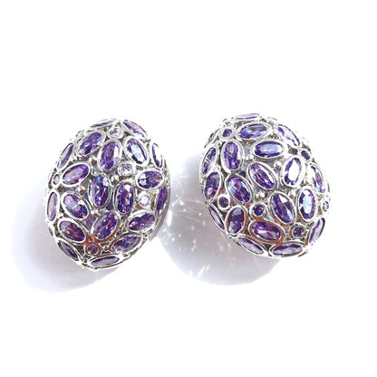 1PC 26.7*21mm Big Size Clear Purple Red CZ Hollow Flat Oval Centerpiece CZ Egg Beads Spacers Purple on Silver CZ Paved Spacers Egg Beads Charms Beads Beyond