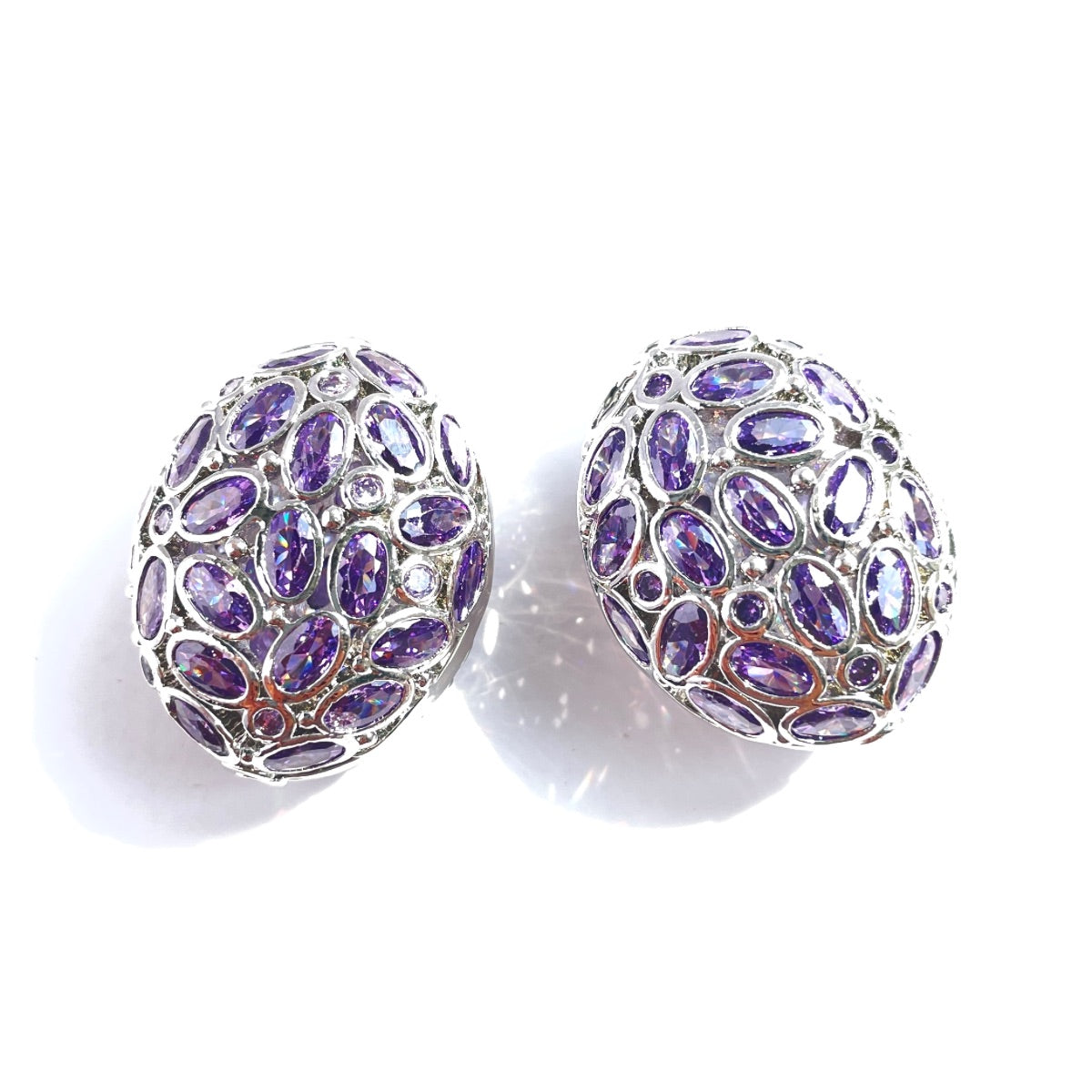 5pc 26.7*21mm Big Size Purple CZ Hollow Flat Oval Centerpiece CZ Egg Beads Spacers Purple on Silver CZ Paved Spacers Egg Beads Charms Beads Beyond