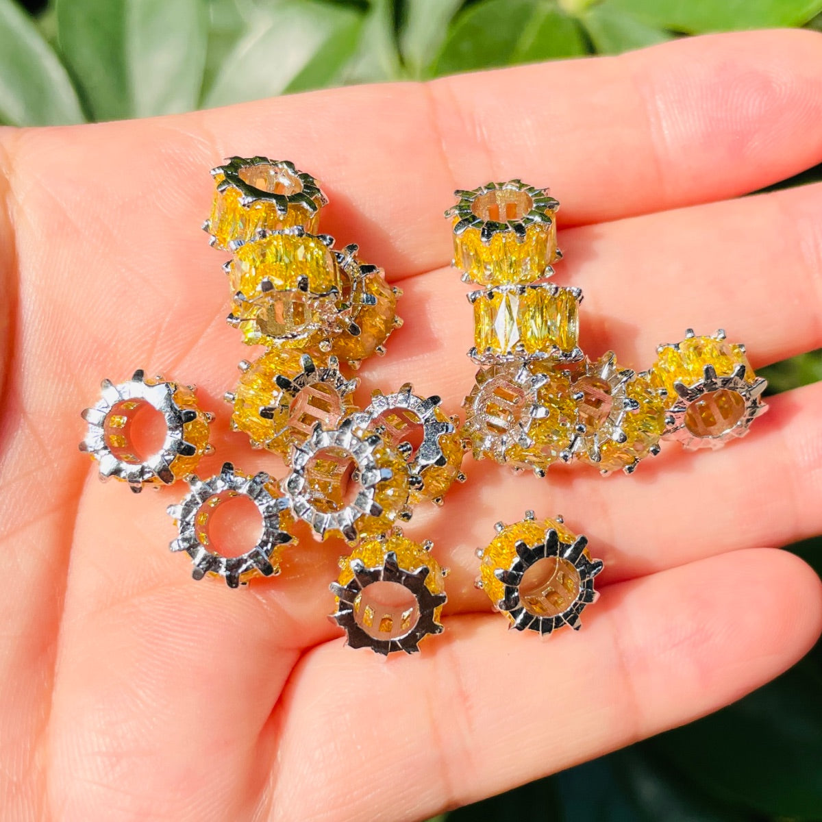 10pcs/lot 9.5*6.4mm Yellow CZ Paved Big Hole Spacers-Silver CZ Paved Spacers Big Hole Beads New Spacers Arrivals Charms Beads Beyond