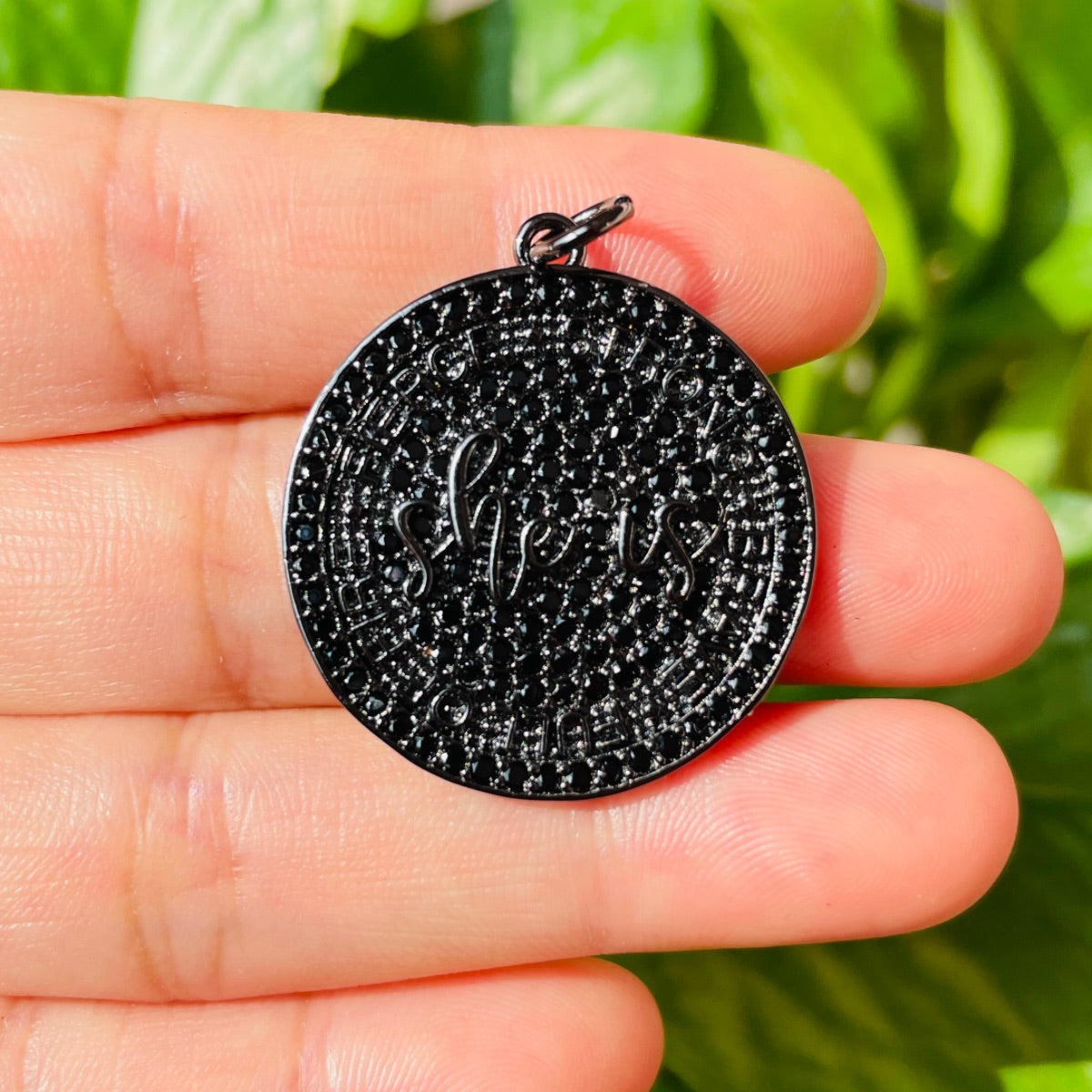 10pcs/lot 28mm CZ Pave Round Plate She Is Fierce Strong Brave Full OF FIRE Quote Charms Black on Black CZ Paved Charms Discs On Sale Charms Beads Beyond