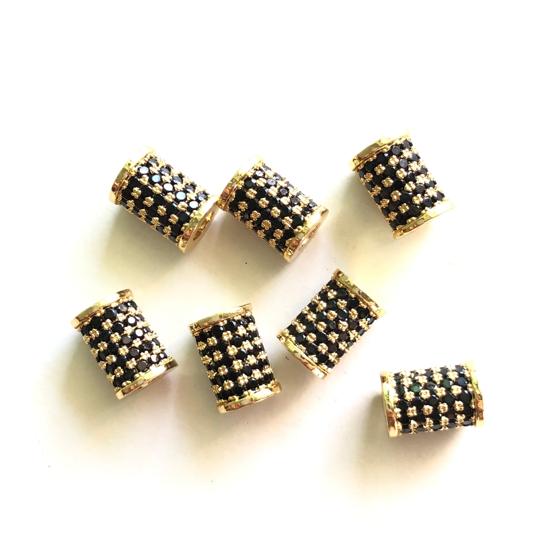 20pcs/lot 10*7mm Black CZ Paved Tube Spacers Gold CZ Paved Spacers Tube Bar Centerpieces Charms Beads Beyond