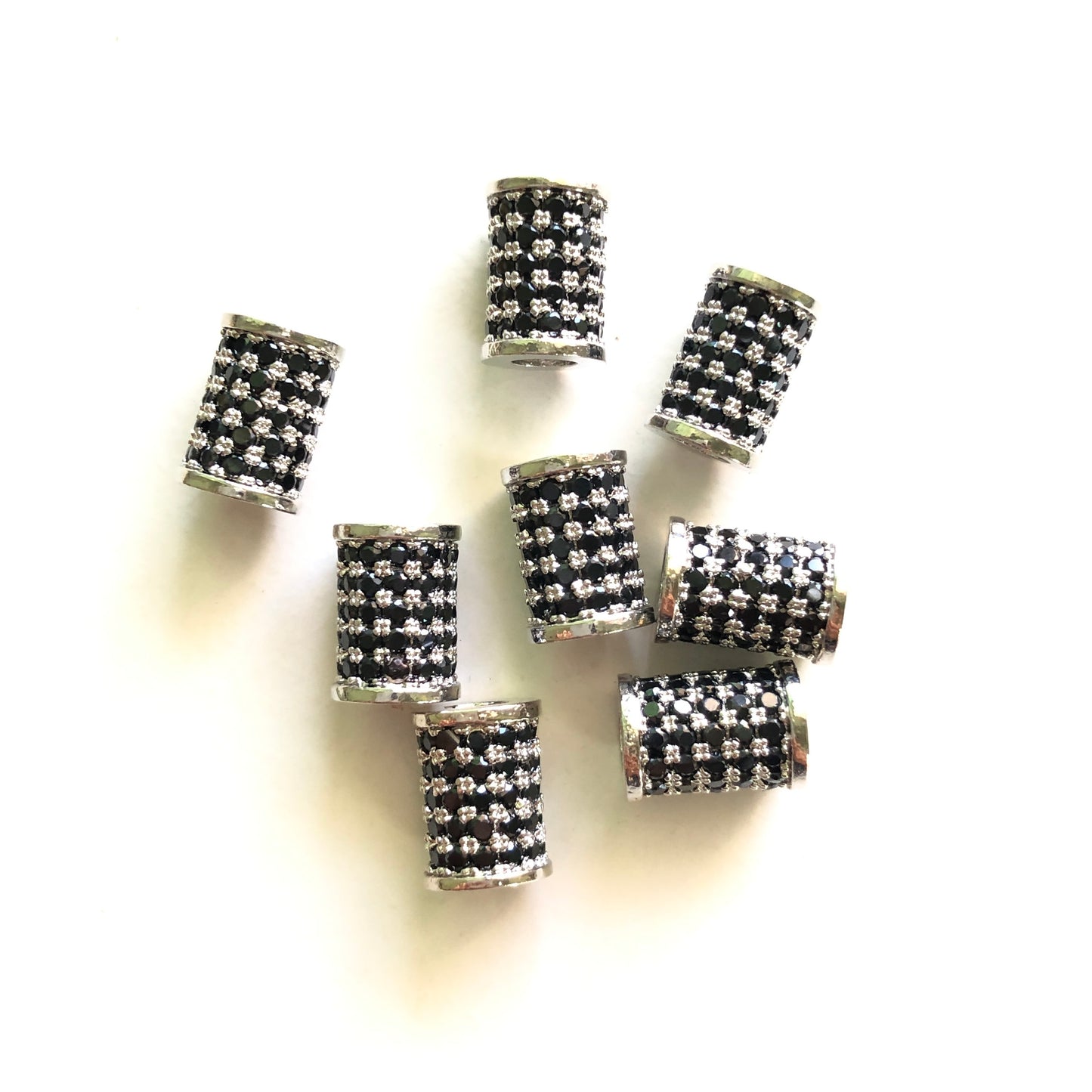 20pcs/lot 10*7mm Black CZ Paved Tube Spacers Silver CZ Paved Spacers Tube Bar Centerpieces Charms Beads Beyond