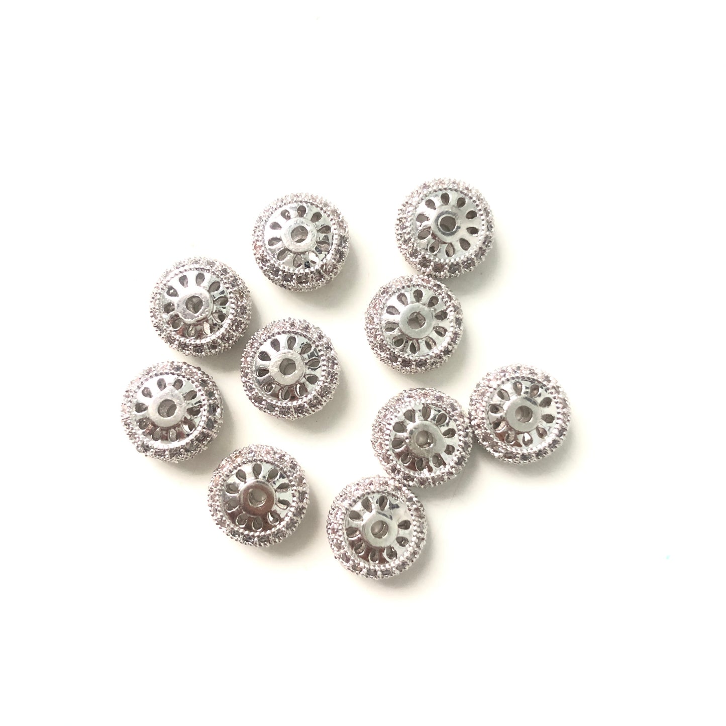 20pcs/lot 9.1*4.5mm CZ Paved Wheel Rondelle Spacers Silver CZ Paved Spacers Rondelle Beads Charms Beads Beyond