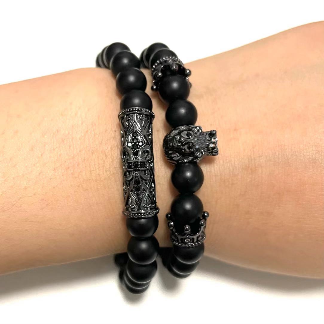 5 sets/lot CZ Paved Lion King Spacers Black Matte Stone Bracelets Men Bracelets Charms Beads Beyond