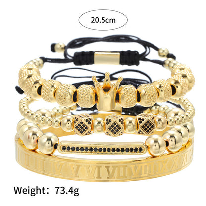 4pcs/set CZ Paved Crown Bracelet & Roman Bangle Set Men Bracelets Charms Beads Beyond