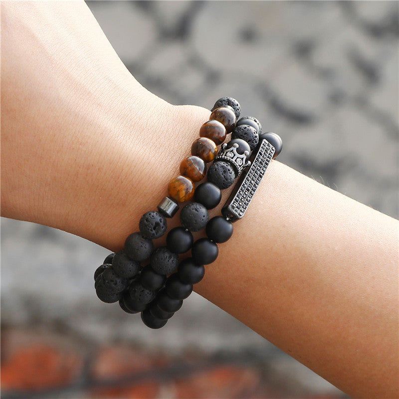 5 sets/lot CZ Paved Black Lava Stone Tiger Eye Bracelets Men Bracelets Charms Beads Beyond