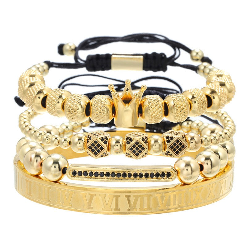 4pcs/set CZ Paved Crown Bracelet & Roman Bangle Set Men Bracelets Charms Beads Beyond