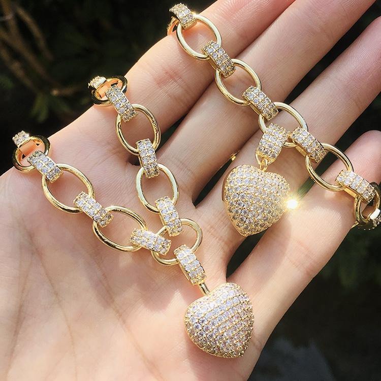 2 Sets/lot CZ Paved Heart Necklace + Bracelet Set Women Bracelets Charms Beads Beyond