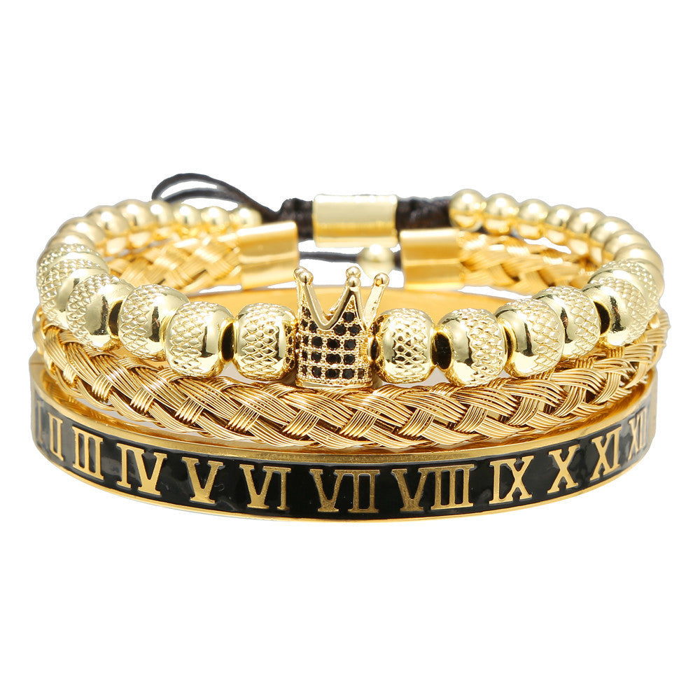 3pcs/set Black Roman Numeral Stainless Steel Bangle Crown Bracelet Set for Men Gold Set Men Bracelets Charms Beads Beyond