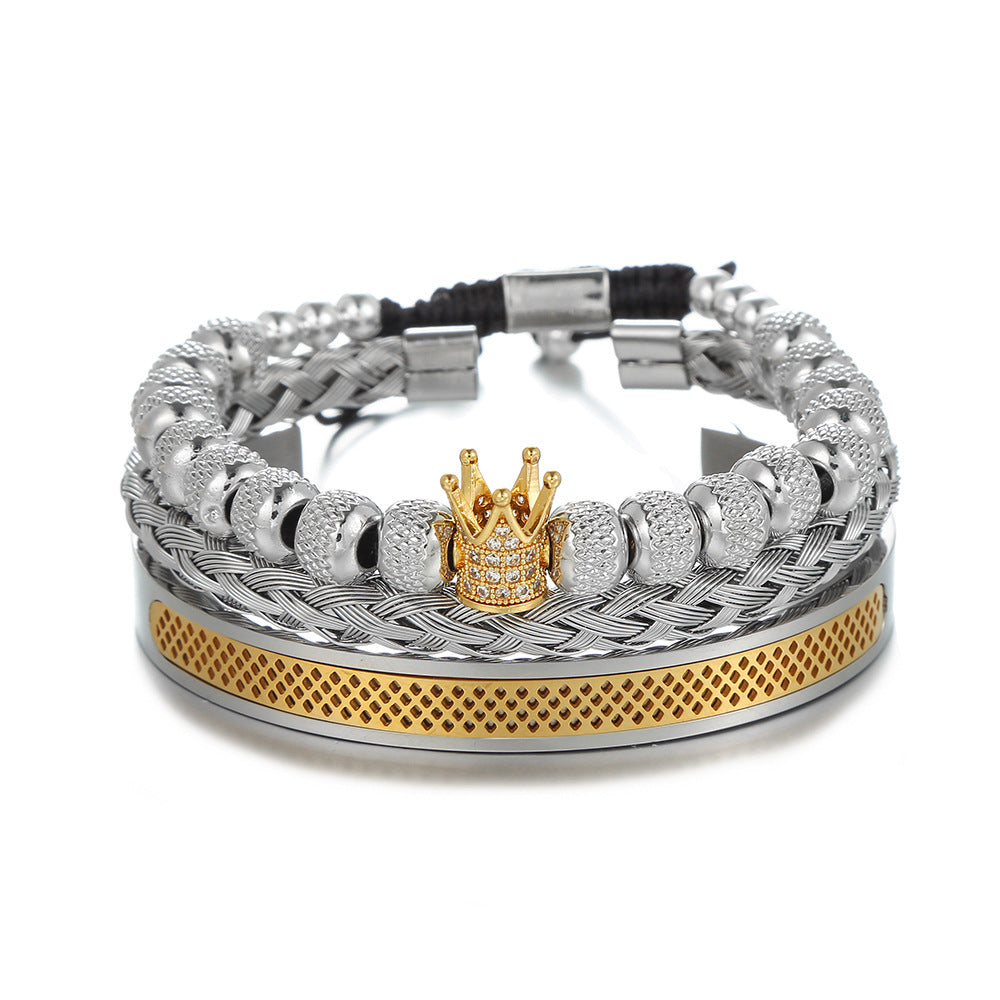 3pcs/set Stainless Steel Bangle Crown Adjustable Bracelet Set for Men Silver + Gold Set Men Bracelets Charms Beads Beyond