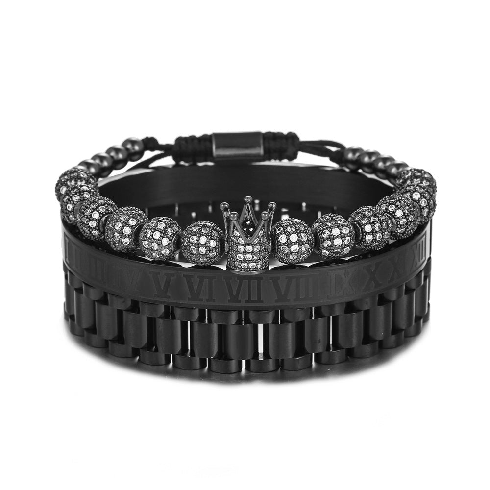3pcs/set 8mm CZ Ball Bracelet Stainless Steel Roman Numeral Bangle Watch Band Bangle Set for Men Black Men Bracelets Charms Beads Beyond