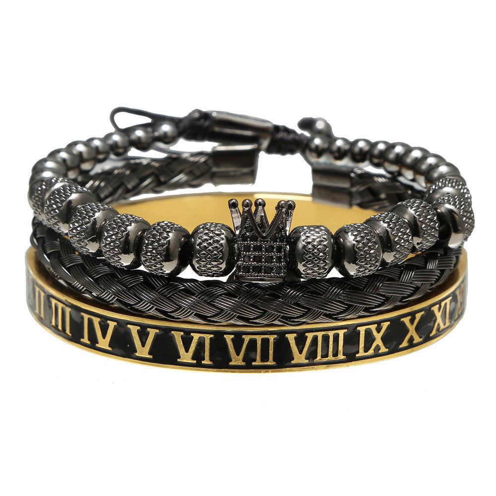 3pcs/set Black Roman Numeral Stainless Steel Bangle Crown Bracelet Set for Men Black Bracelet + Gold Bangle Men Bracelets Charms Beads Beyond