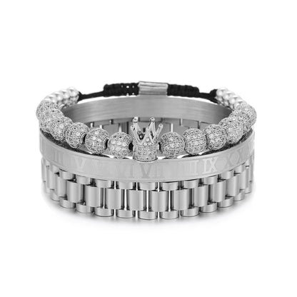 3pcs/set 8mm CZ Ball Bracelet Stainless Steel Roman Numeral Bangle Watch Band Bangle Set for Men Silver Men Bracelets Charms Beads Beyond
