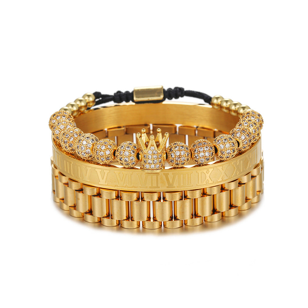 3pcs/set 8mm CZ Ball Bracelet Stainless Steel Roman Numeral Bangle Watch Band Bangle Set for Men Gold Men Bracelets Charms Beads Beyond