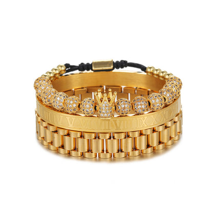 3pcs/set 8mm CZ Ball Bracelet Stainless Steel Roman Numeral Bangle Watch Band Bangle Set for Men Gold Men Bracelets Charms Beads Beyond