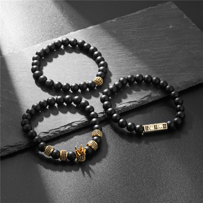 3 Sets/Lot 8mm Black Matte Stone Crown Bracelet Set for Men Men Bracelets Charms Beads Beyond