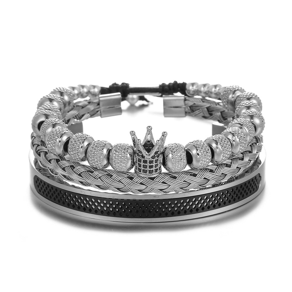 3pcs/set Stainless Steel Bangle Crown Adjustable Bracelet Set for Men Silver + Black Set Men Bracelets Charms Beads Beyond
