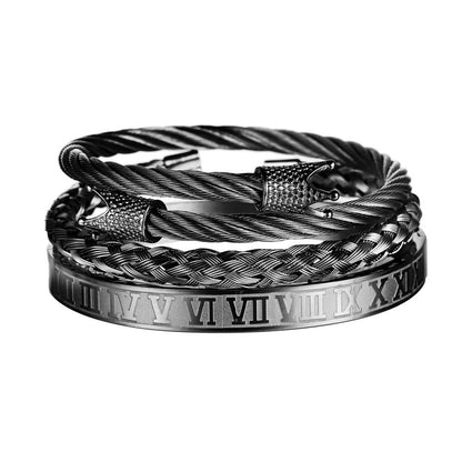 3pcs/set Roman Numeral Stainless Steel Bangle Crown Set for Men Black Set Men Bracelets Charms Beads Beyond