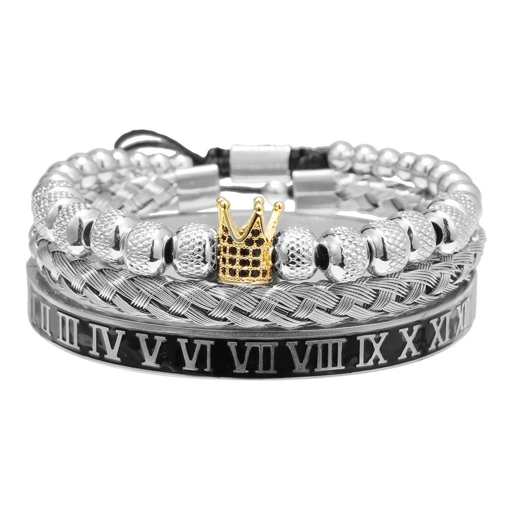 3pcs/set Black Roman Numeral Stainless Steel Bangle Crown Bracelet Set for Men Gold Crown+Silver Bracelet Men Bracelets Charms Beads Beyond