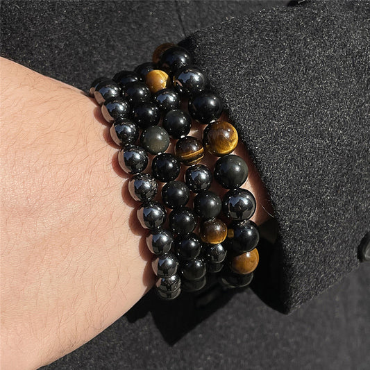5 Sets/Lot 8mm Tiger Eye Hematite Black Obsidian Bracelet Set for Men Men Bracelets Charms Beads Beyond