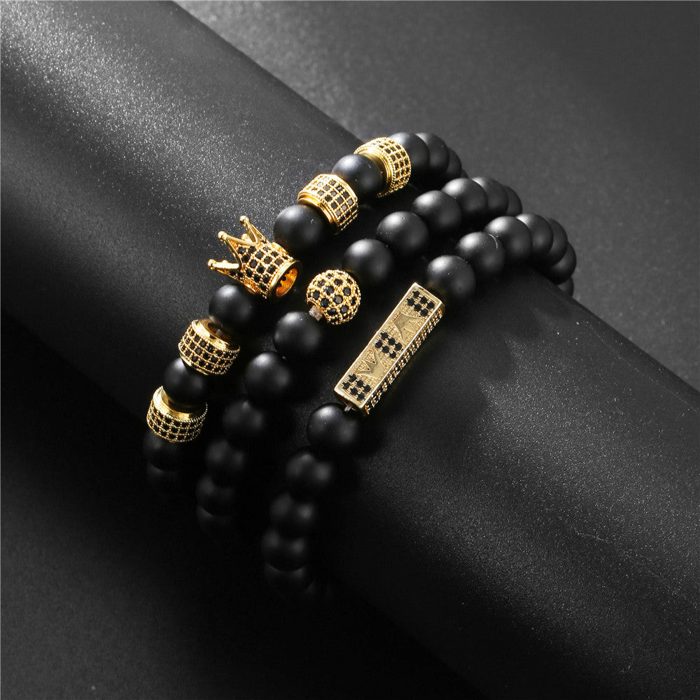 3 Sets/Lot 8mm Black Matte Stone Crown Bracelet Set for Men Men Bracelets Charms Beads Beyond