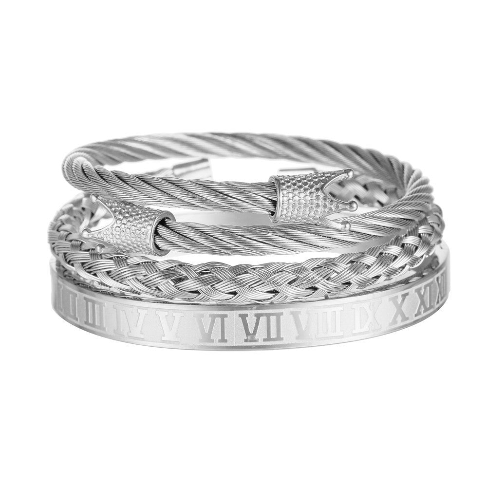 3pcs/set Roman Numeral Stainless Steel Bangle Crown Set for Men Silver Set Men Bracelets Charms Beads Beyond