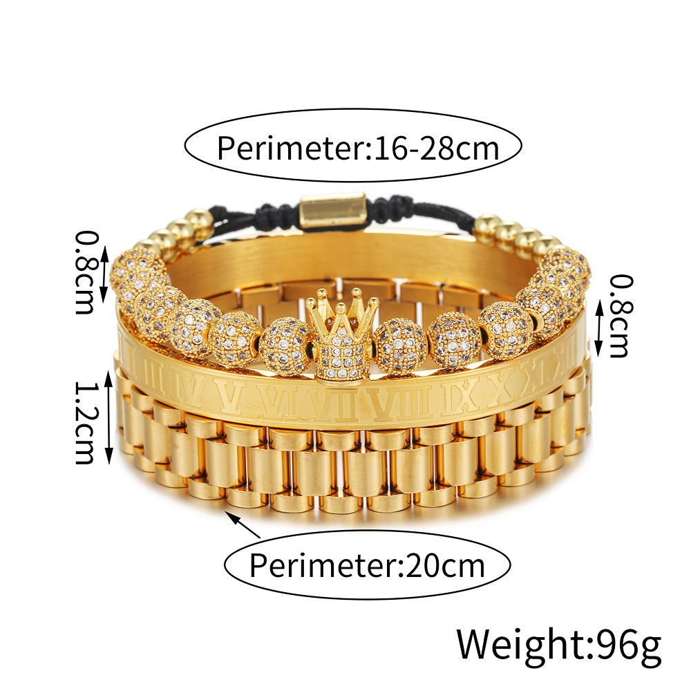 3pcs/set 8mm CZ Ball Bracelet Stainless Steel Roman Numeral Bangle Watch Band Bangle Set for Men Men Bracelets Charms Beads Beyond
