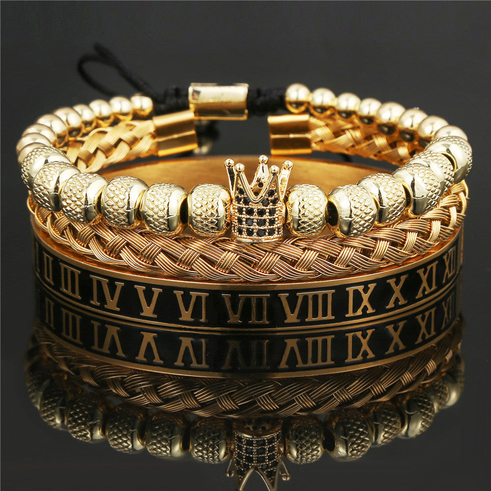 3pcs/set Crown Handmade Men Hematite Bracelet Roman Numeral Hemp