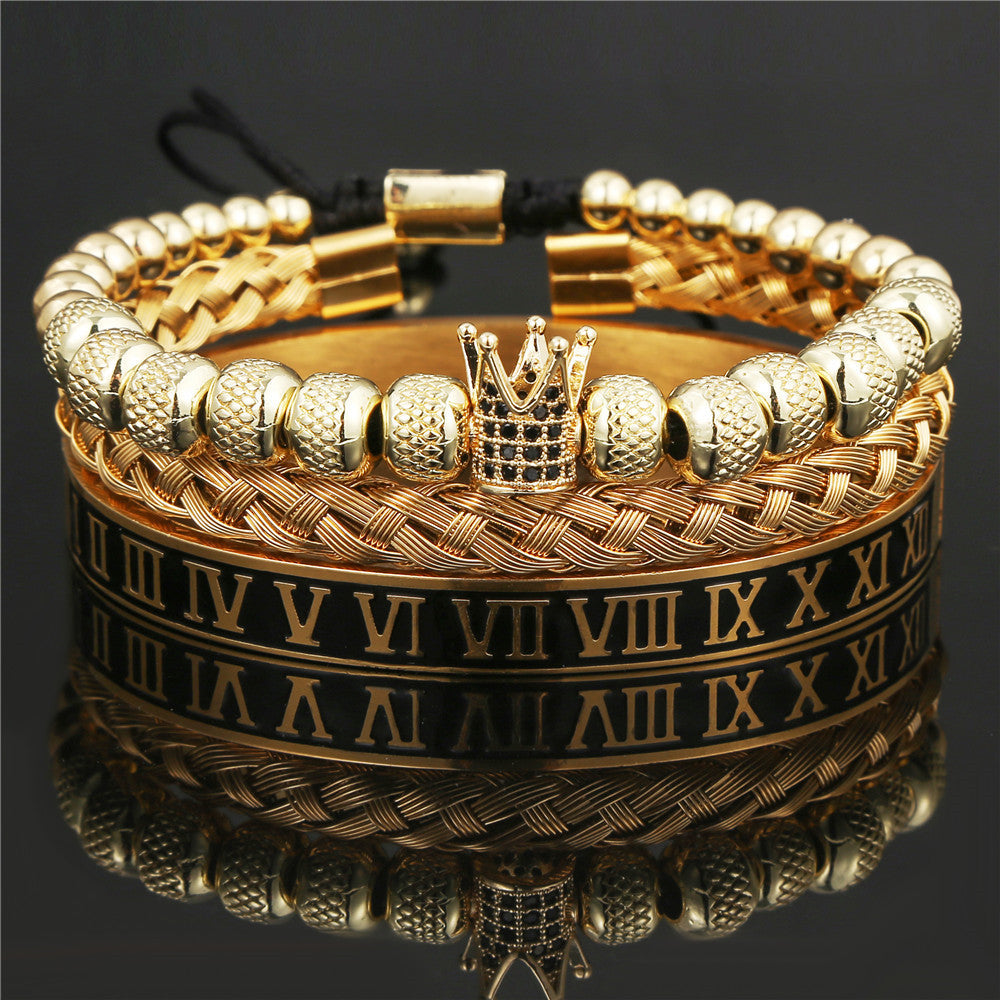 3pcs/set Black Roman Numeral Stainless Steel Bangle Crown Bracelet Set for Men Men Bracelets Charms Beads Beyond