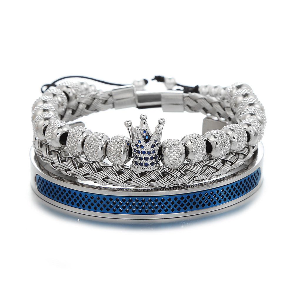 3pcs/set Stainless Steel Bangle Crown Adjustable Bracelet Set for Men Silver + Blue Set Men Bracelets Charms Beads Beyond